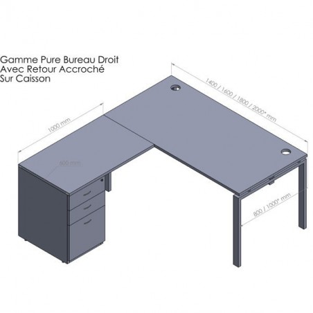 Bureau d'angle avec retour accroché et caisson Gamme Pure-Gosto