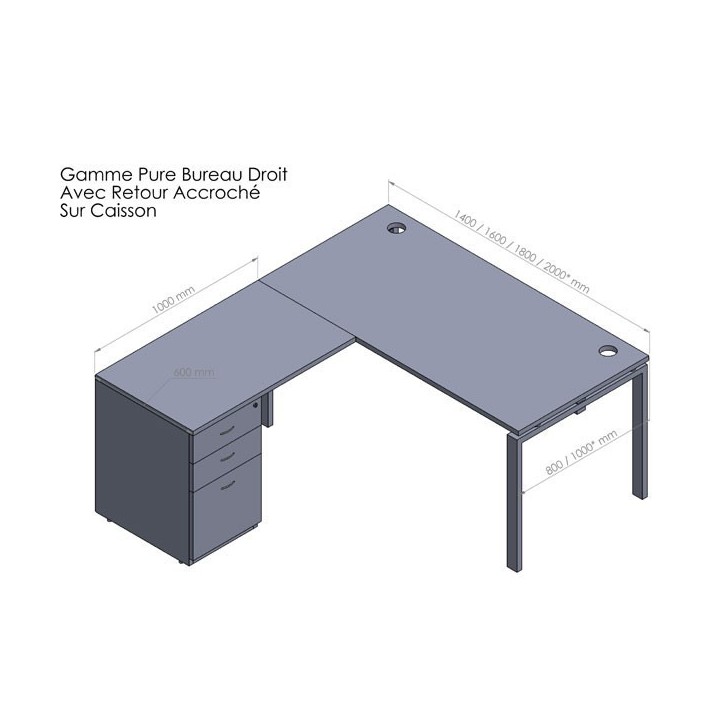 Bureau d'angle avec retour accroché et caisson Gamme Pure-Gosto