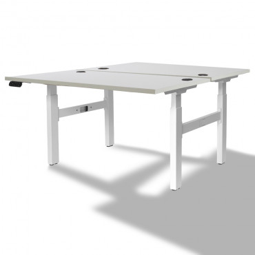 Bureau Bench 2 personnes avec piètement électrique avec plateau blanc vue de trois-quarts