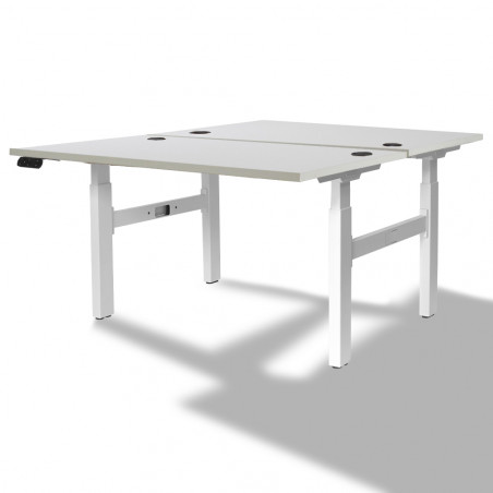 Bureau Bench 2 personnes  avec piètement électrique avec plateau blanc vue de trois-quarts