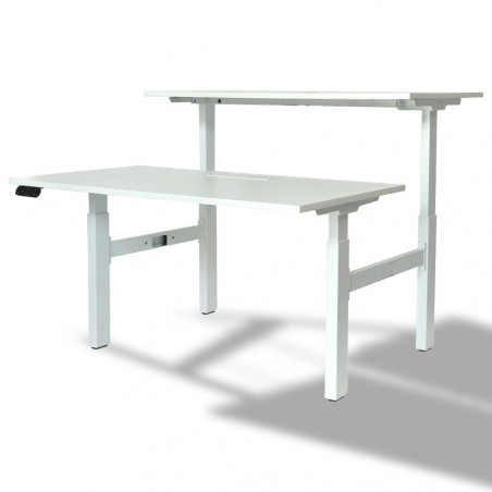Bureau Bench 2 personnes  avec piètement électrique avec plateau blanc un plateau relevé vue de trois-quarts