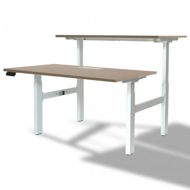 Bureau Bench 2 personnes réglable hauteur avec flap plateaux chêne clair dont un relevé et piétement blanc vue de trois quart