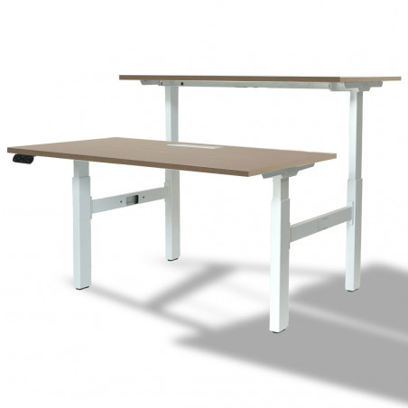 Bureau Bench 2 personnes réglable hauteur avec flap plateaux chêne clair dont un relevé et piétement blanc vue de trois quart