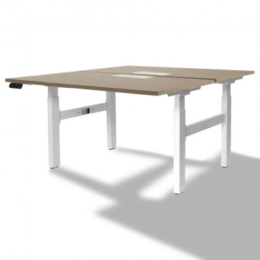Bureau Bench 2 personnes réglable hauteur avec flap plateaux chêe clair au même niveau et piétement blanc vue de trois quart