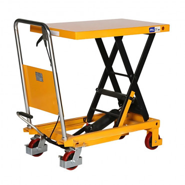 Table élévatrice TE300, 300kg, 850x500mm vue de trois quart avec le plateau levé