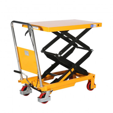 Table élévatrice double ciseaux 910 x 500 mm, 350kg, TG35 vue de trois quart avec le plateau relevé à moitié