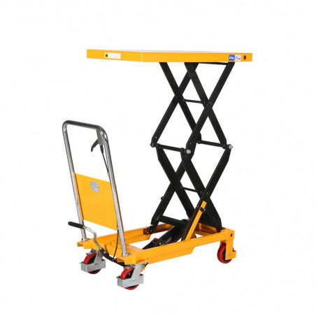 Table élévatrice double ciseaux 910 x 500 mm, 350kg, TG35 vue de trois quart avec le plateau totalement relevé