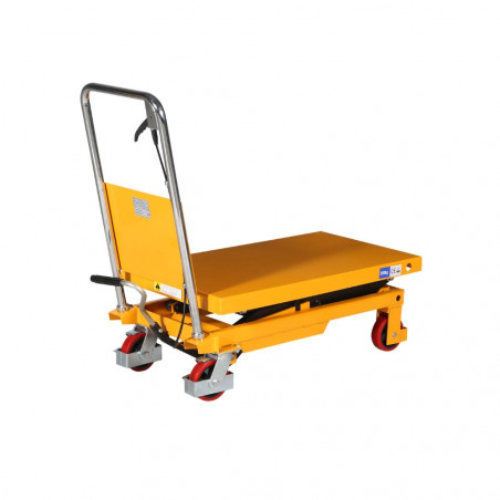 Table élévatrice double ciseaux 910 x 500 mm, 350kg, TG35 vue de trois quart avec le plateau baissé