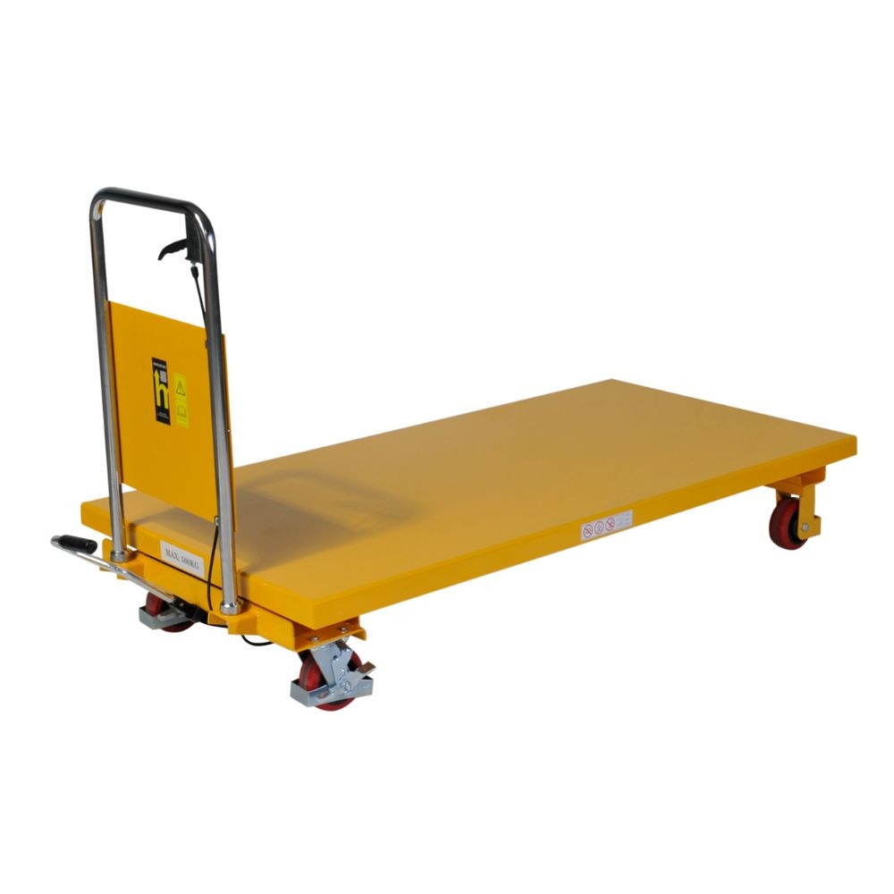 Table élévatrice TFG50, 500kg, 1600x810mm vue de trois quart avec plateau bas