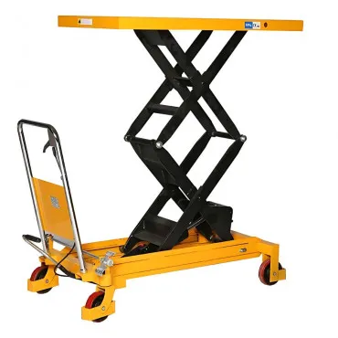 Table élévatrice double ciseaux TG80, 800kg vue de trois quart avec le plateau relevé