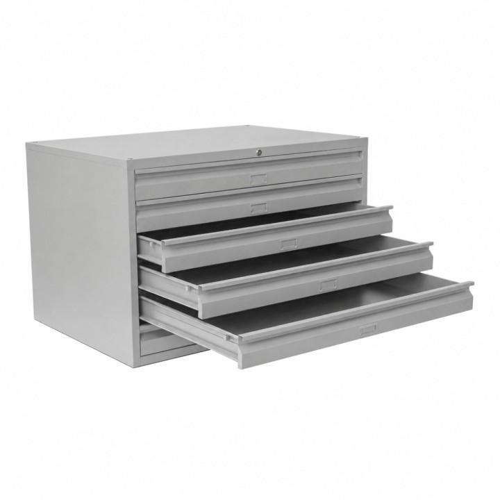 Meuble à plans 6 tiroirs gris clair - vue de 3/4 tiroirs ouverts