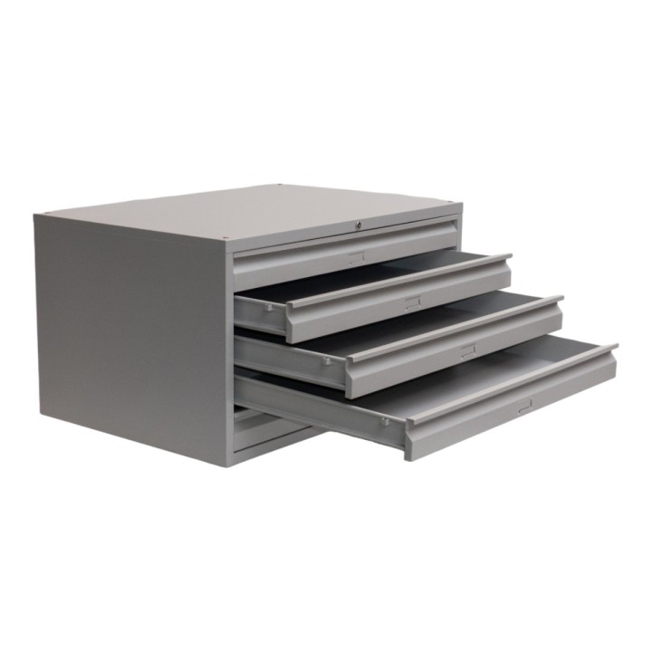 Meuble pour plans A1 5 tiroirs gris clair - vue de 3/4 tiroirs ouverts