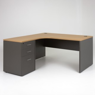 Bureau d'angle compact Panneaux caisson bois 60 cm - plateau chêne clair, piétement anthracite - retour à gauche
