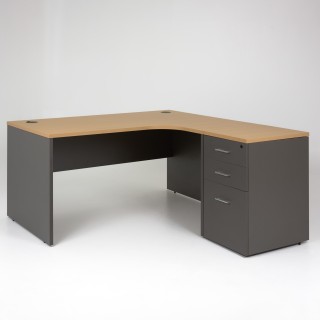 Bureau d'angle compact Panneaux caisson bois 60 cm - plateau chêne clair, piétement anthracite - retour à droite