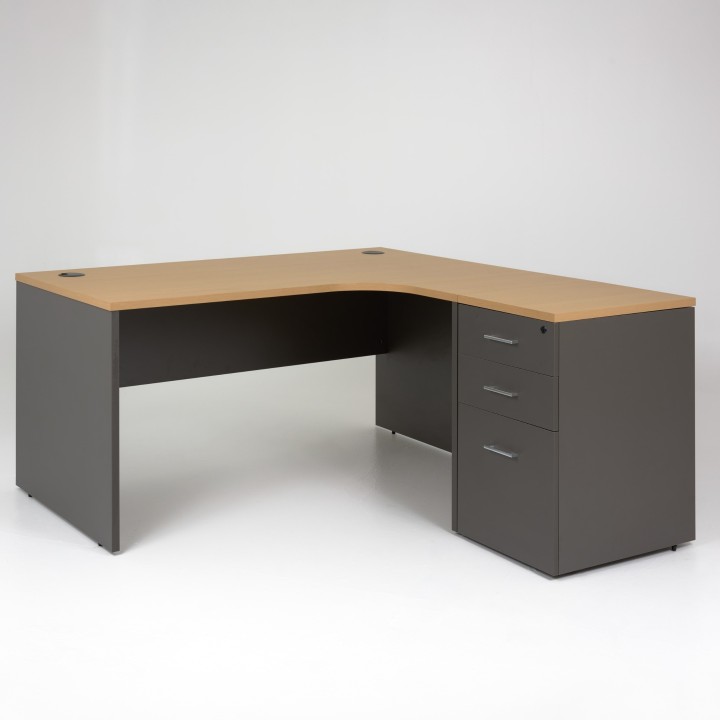 Bureau d'angle compact Panneaux caisson bois 60 cm - plateau chêne clair, piétement anthracite - retour à droite