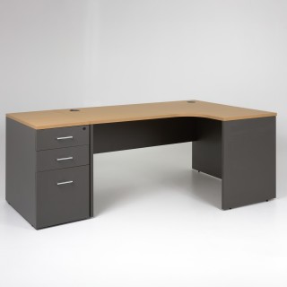 Bureau d'angle compact Panneaux avec caisson 80 cm - plateau chêne clair, piétement anthracite - retour à droite