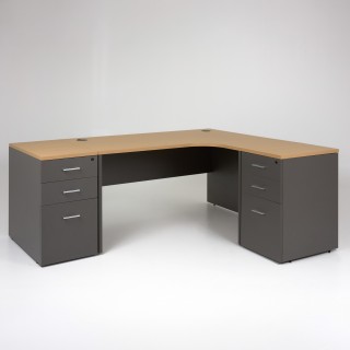 Bureau d'angle compact panneaux avec caissons bois 60 et 80, plateau chêne clair, piétement anthracite et retour à droite