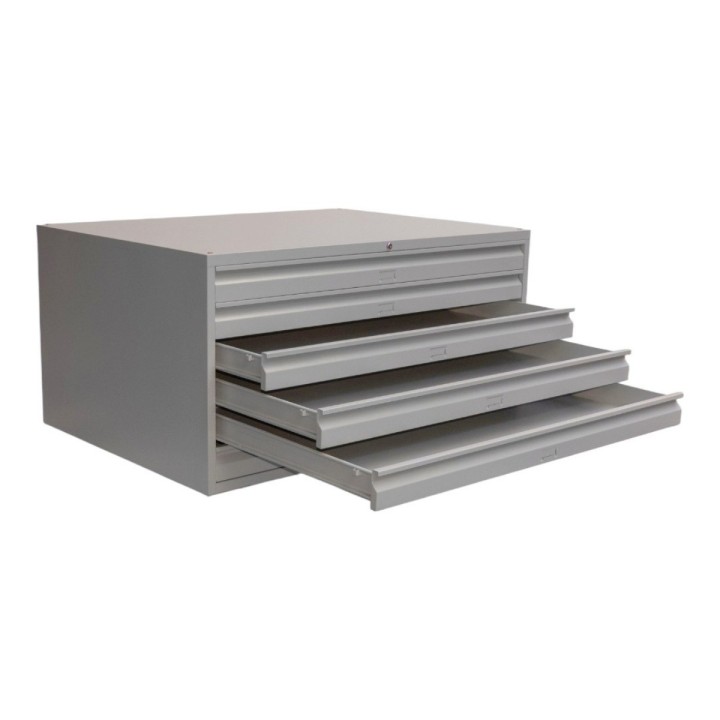 Meuble à plan A0 5 tiroirs gris - sans socle - vue de 3/4, tiroirs ouverts