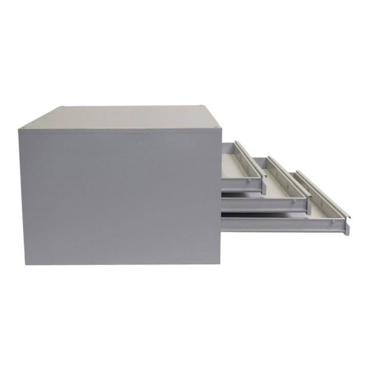 Meuble à plan A0 5 tiroirs gris - sans socle - vue de profil, tiroirs ouverts