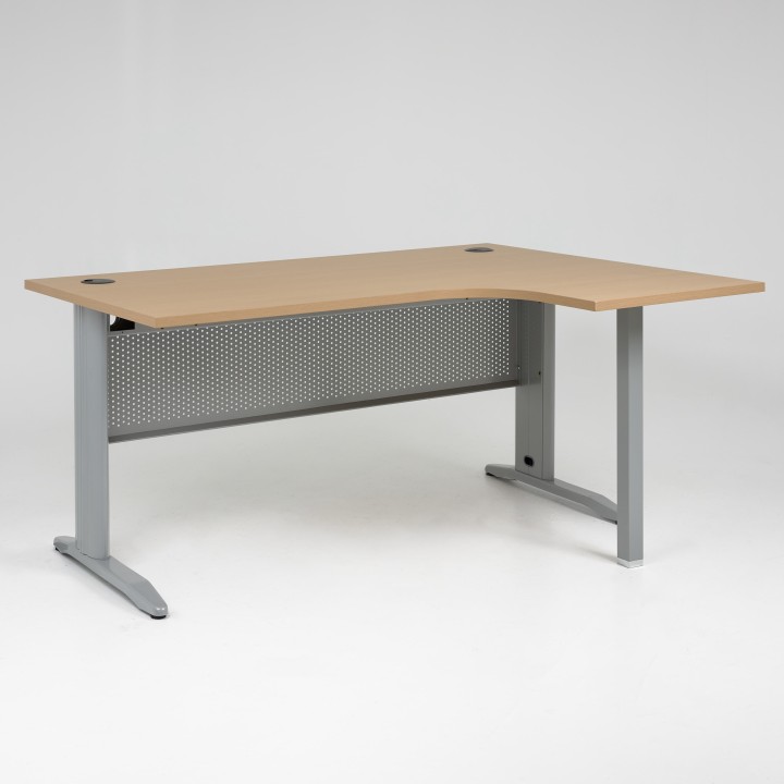 Bureau d'angle compact Electra, plateau chêne clair, piétement alu, obturateurs, retour à droite