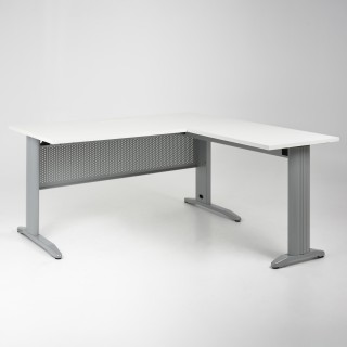 Bureau d'angle Electra piétement alu, plateau blanc, flap, retour à droite