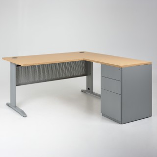 Bureau d'angle + retour à droite + caisson HB Métal 60 cm - piétement alu, plateau hêtre, obturateurs