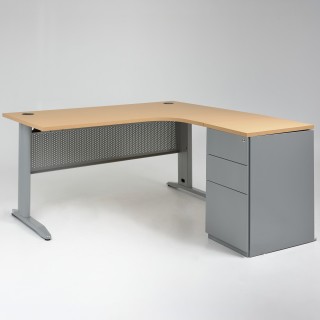 Bureau d'angle compact Electra avec caisson HB métal 60 cm - Piétement gris alu, plateau hêtre