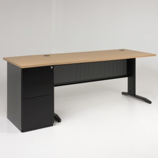 Bureau droit Electra + caisson HB 80 métal, piétement noir, plateau chêne clair, obturateurs