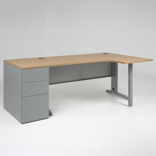 Bureau d'angle compact Electra + caisson métal 80 cm - piétement gris alu, plateau chêne clair, obturateurs - retour à droite