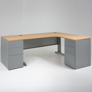 Bureau d'angle compact + caisson métal 60 et 80 cm, piétement gris alu, plateau hêtre - retour à droite