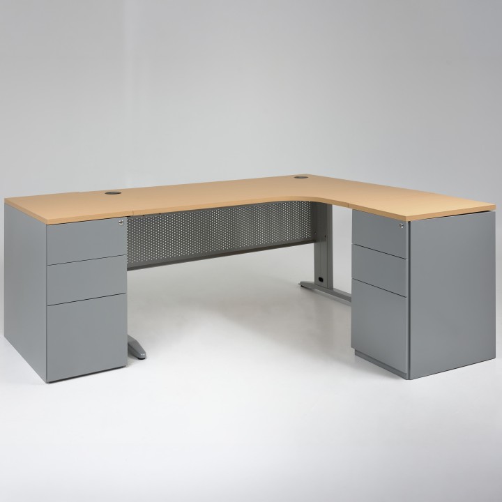Bureau d'angle compact + caisson métal 60 et 80 cm, piétement gris alu, plateau hêtre - retour à droite
