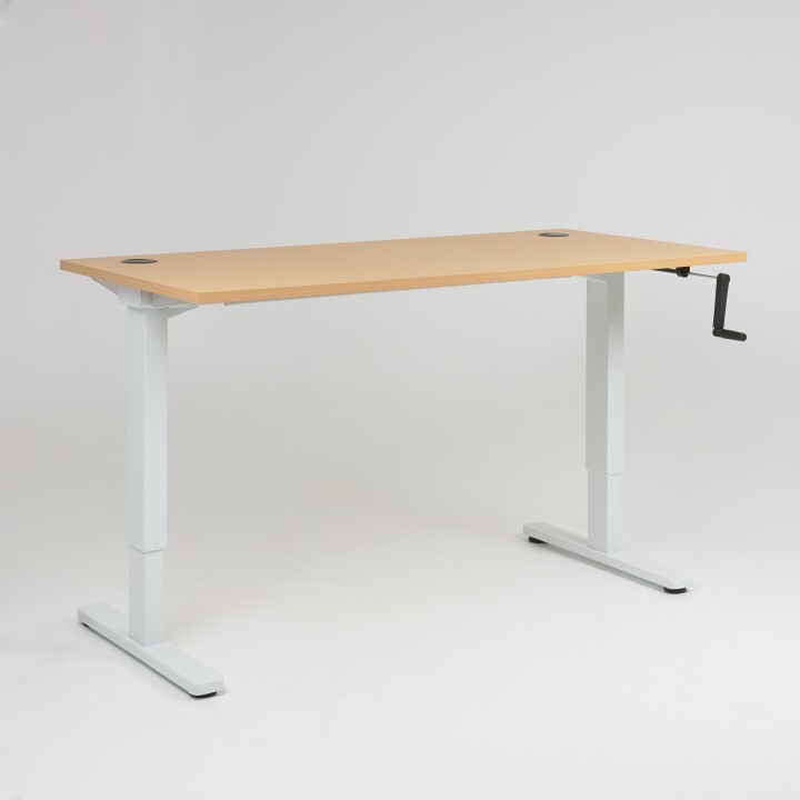 Bureau réglable en hauteur Infinity - piétement blanc, plateau hêtre, obturateurs, hauteur moyenne