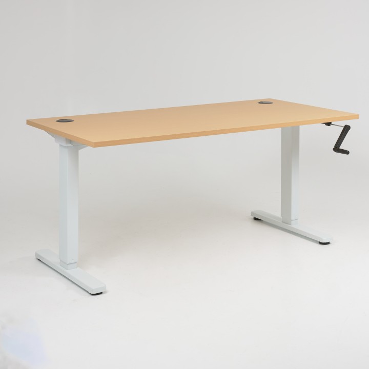 Bureau réglable en hauteur Infinity - piétement blanc, plateau hêtre, obturateurs, hauteur mini