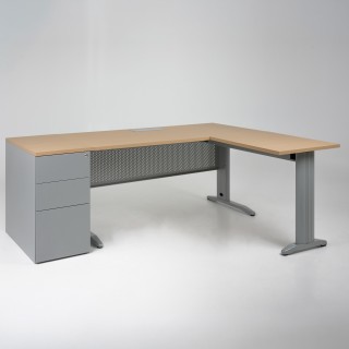 Bureau d'angle + retour à droite + caisson HB Métal 80 cm - piétement alu, plateau chêne clair, flap