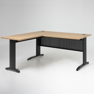 Bureau d'angle Electra piétement noir, plateau chêne clair, obturateurs, retour à gauche