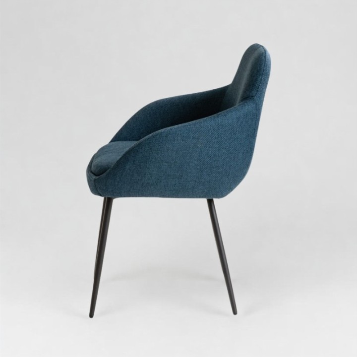Fauteuil Arsène tissu bleu, piétement métal, vue de profil