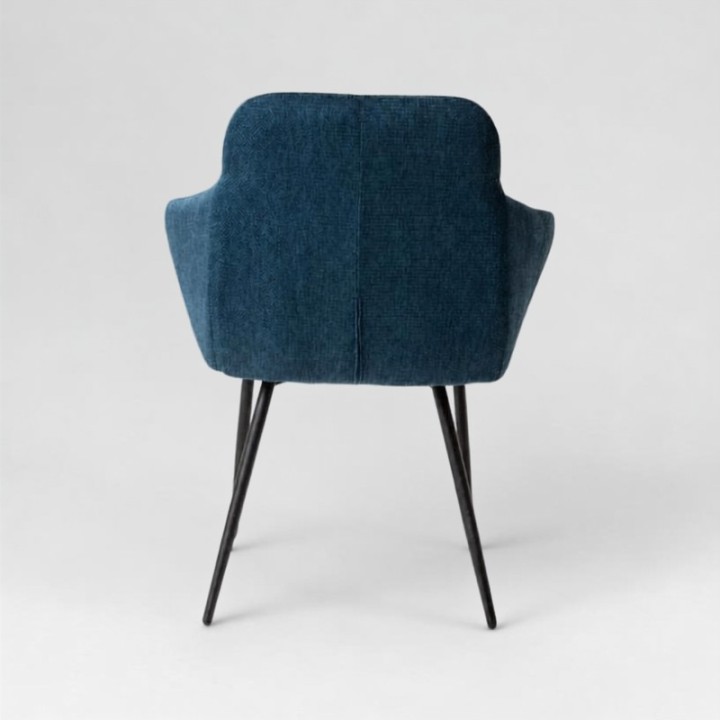 Fauteuil Arsène tissu bleu, piétement métal, vue de dos