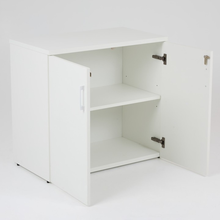 Armoire battante basse en bois H73xL80xP45 cm, coloris blanc, deux portes ouvertes
